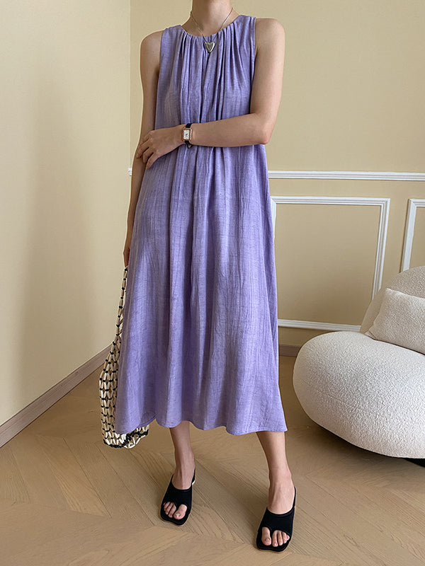 Momentlover Solid Color Pleated Sleeveless Loose Round-Neck Midi Dresses