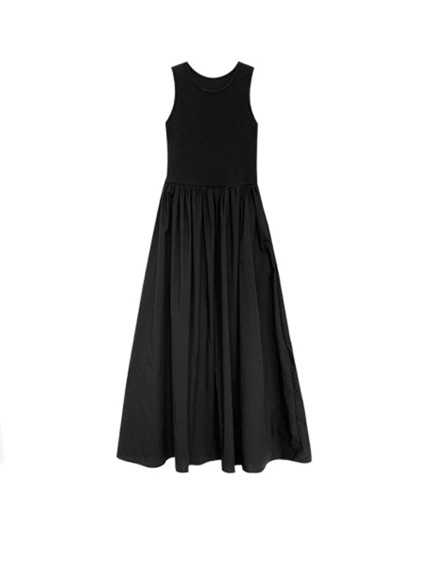 Momentlover Split-Joint Solid Color Pockets Pleated Sleeveless High Waisted Round-Neck Midi Dresses