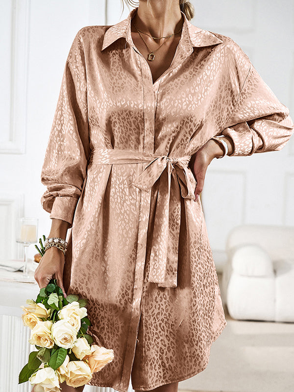 Momentlover Tied Waist Leopard Buttoned Loose Long Sleeves Lapel Shirt Dress Mini Dresses