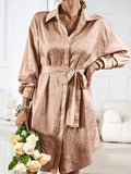 Momentlover Tied Waist Leopard Buttoned Loose Long Sleeves Lapel Shirt Dress Mini Dresses