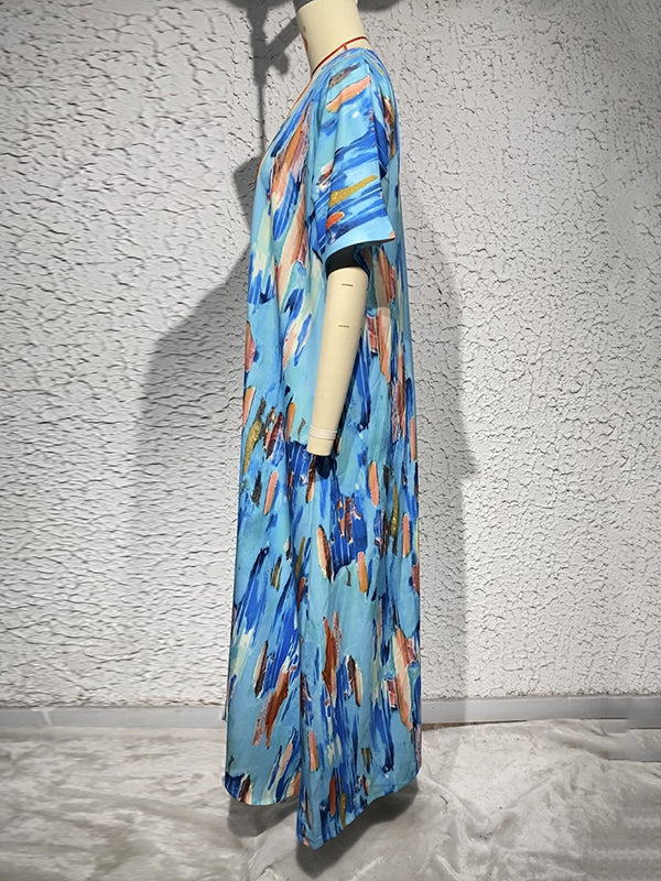 Momentlover Printed Multi-Colored Short Sleeves Loose V-neck Maxi Dresses