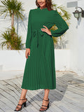 Momentlover Tied Waist Solid Color Pleated Hollow Long Sleeves High Waisted Mock Neck Midi Dresses