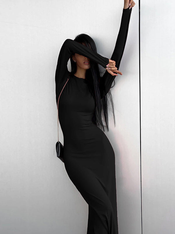 Momentlover Split-Side Solid Color Long Sleeves Bodycon Round-Neck Maxi Dresses