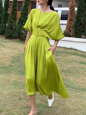 Momentlover Original Flared Sleeves Half Sleeves Solid Color Boat Neck Midi Dresses