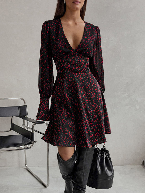 Momentlover Zipper Flower Print Long Sleeves High Waisted Deep V-Neck Mini Dresses