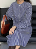 Momentlover Striped Raglan Sleeve Loose Round-Neck Shirt Dress Midi Dresses