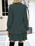 Momentlover Split-Joint Printed Lace-Up Loose Long Sleeves Stand Collar Mini Dresses