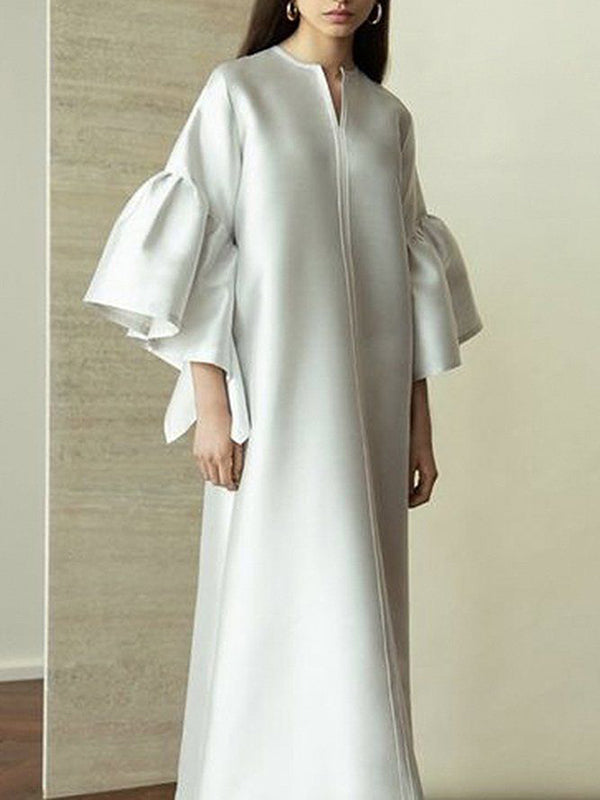 Momentlover Solid Color Falbala Wrap Flared Sleeves Round-Neck Midi Dresses