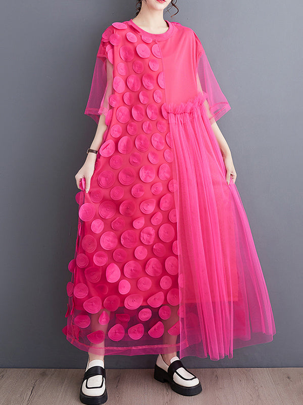 Momentlover Split-Joint Gauze Asymmetric Short Sleeves Loose Round-Neck Midi Dresses