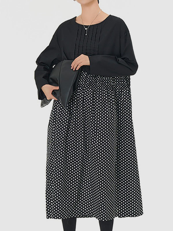 Momentlover Split-Joint Polka-Dot Pleated Elasticity Contrast Color Loose Long Sleeves Round-Neck Midi Dresses