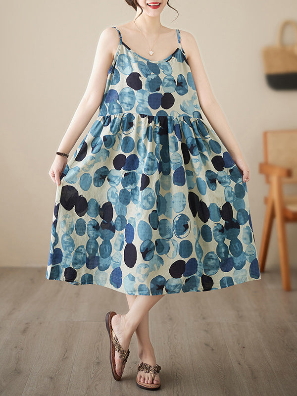 Momentlover Split-Joint Printed Pleated Sleeveless Loose Spaghetti-Neck Midi Dresses