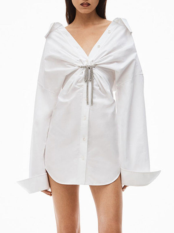 Momentlover Solid Color Long Sleeves High Waisted Lapel Shirt Dress Mini Dresses