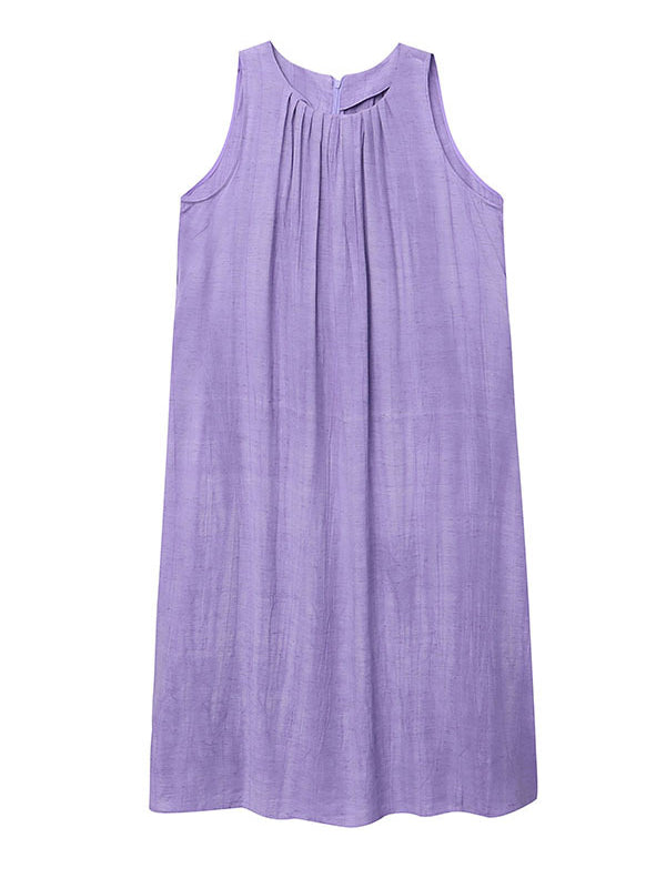 Momentlover Solid Color Pleated Sleeveless Loose Round-Neck Midi Dresses