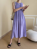 Momentlover Solid Color Pleated Sleeveless Loose Round-Neck Midi Dresses