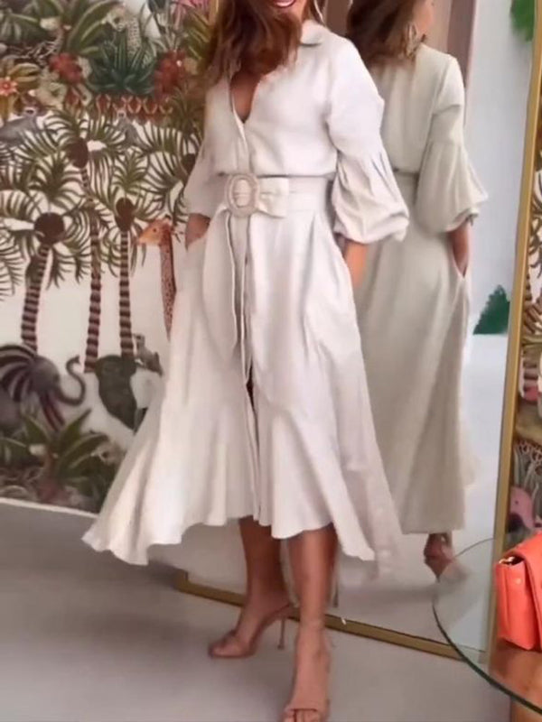 Momentlover Solid Color Pleated Puff Sleeves High-Low V-Neck Maxi Dresses