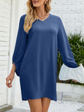 Momentlover Solid Color Three-Quarter Sleeves Puff Sleeves Round-Neck Mini Dresses