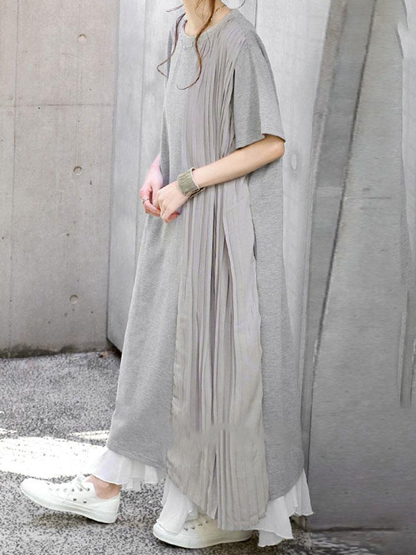 Momentlover Split-Joint Solid Color Pleated Short Sleeves Loose Round-Neck Midi Dresses
