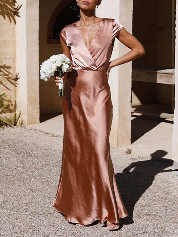 Momentlover Split-Joint Solid Color Pleated Short Sleeves Loose V-Neck Maxi Dresses