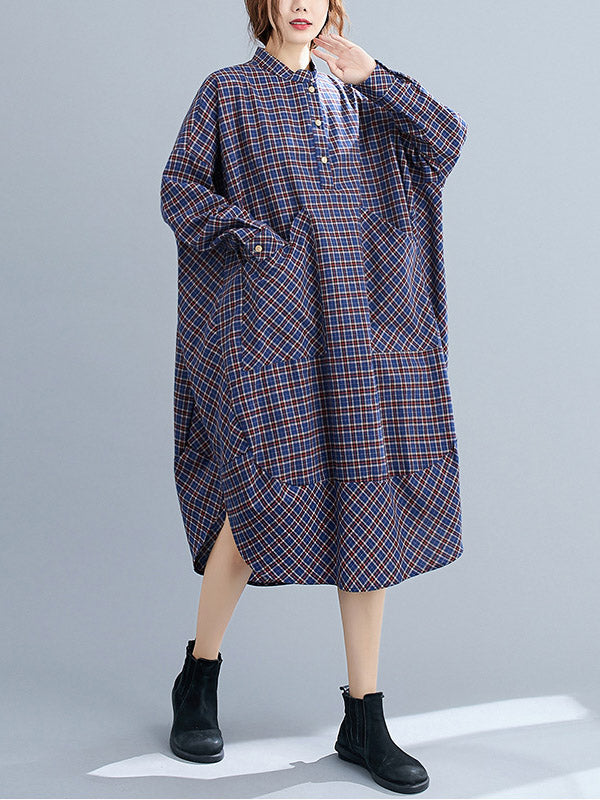 Momentlover Vintage Plaid Irregularity Shirt Dresses