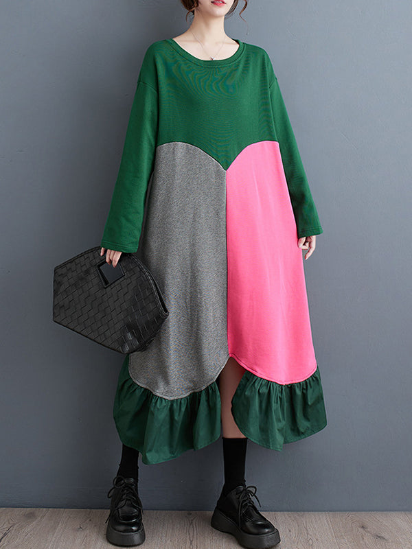 Momentlover Split-Joint Split-front Pleated Contrast Color Loose Long Sleeves Round-neck Midi Dresses