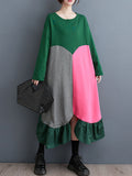 Momentlover Split-Joint Split-front Pleated Contrast Color Loose Long Sleeves Round-neck Midi Dresses