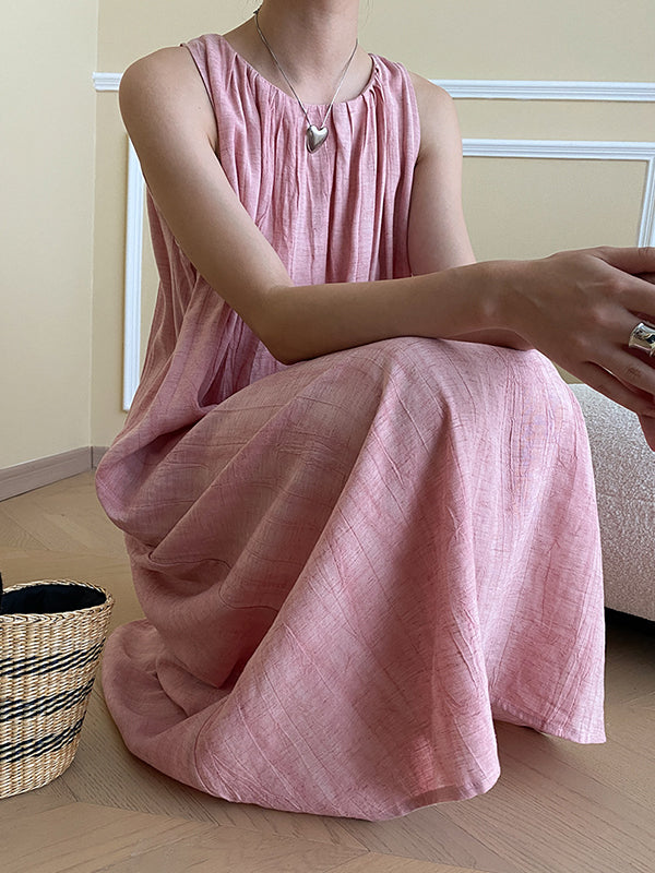 Momentlover Solid Color Pleated Sleeveless Loose Round-Neck Midi Dresses