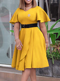 Momentlover Solid Color Belted Puff Sleeves Plus Size Round-neck Midi Dresses