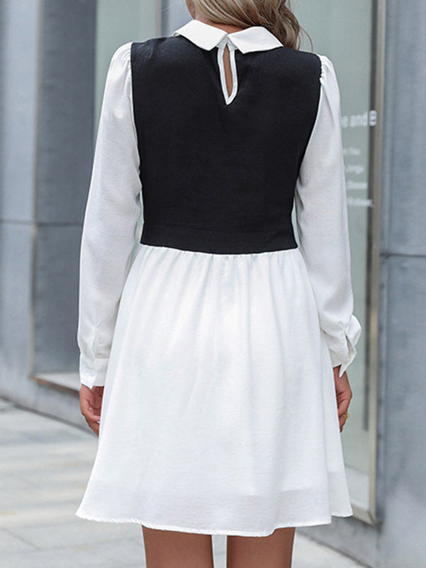 Momentlover Split-Joint Hollow Buttoned Long Sleeves High Waisted Lapel Mini Dresses