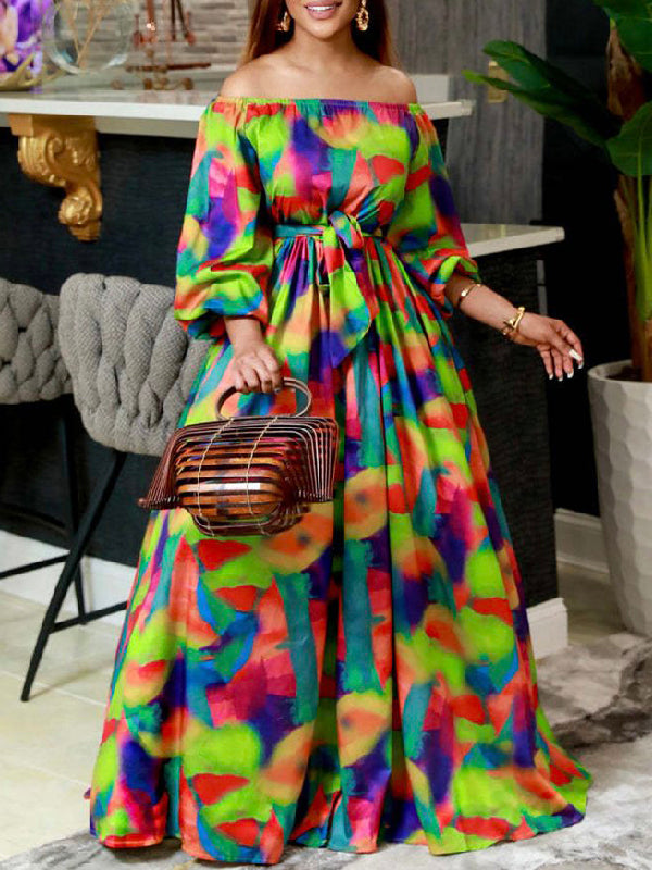 Momentlover Puff Sleeves Printed Tied Waist Off-The-Shoulder Maxi Dresses