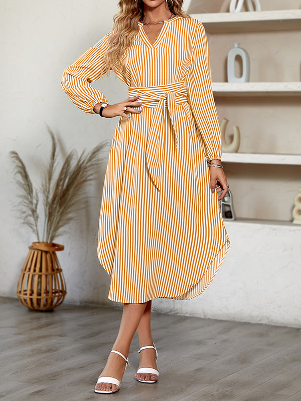 Momentlover Tied Waist Striped Puff Sleeves Loose V-Neck Shirt Dress Midi Dresses