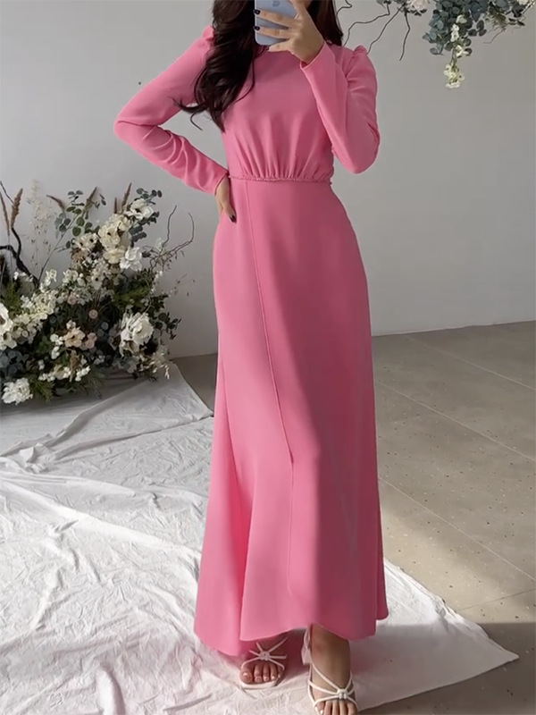 Momentlover Solid Color High-Waisted Tied Waist A-Line Bodycon Maxi Dresses