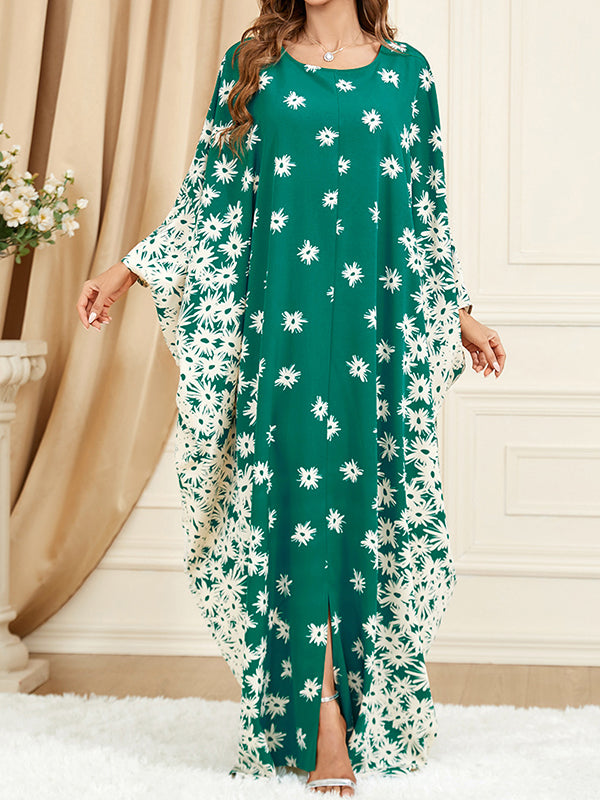 Momentlover Split-Front Muslim Flower Print Loose Batwing Sleeves Round-Neck Maxi Dresses