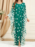 Momentlover Split-Front Muslim Flower Print Loose Batwing Sleeves Round-Neck Maxi Dresses