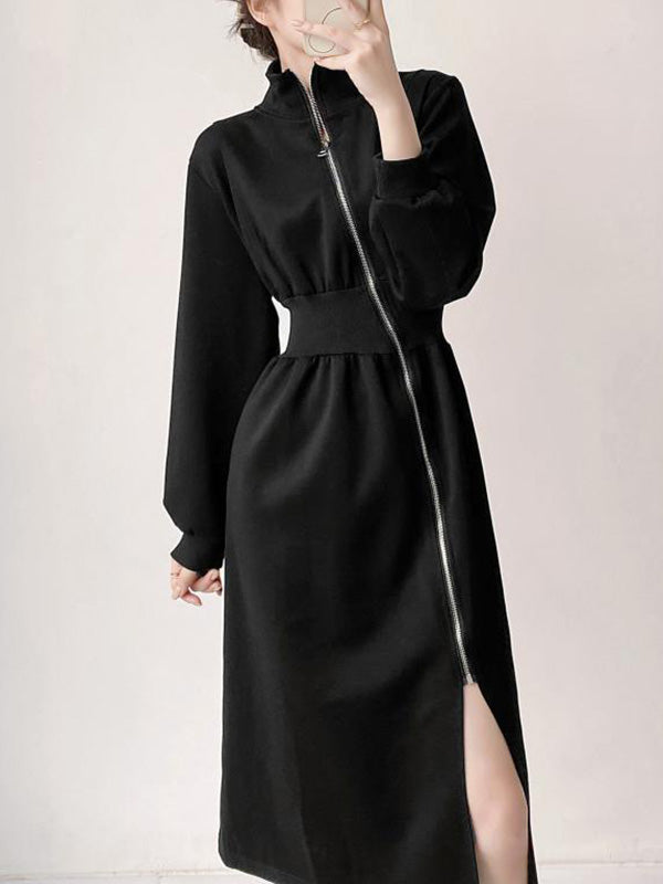 Momentlover Zipper Split-Front Asymmetric Long Sleeves High Neck Midi Dresses