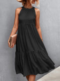 Momentlover Split-Joint Solid Color Pleated Hollow Sleeveless Loose Halter-Neck Midi Dresses