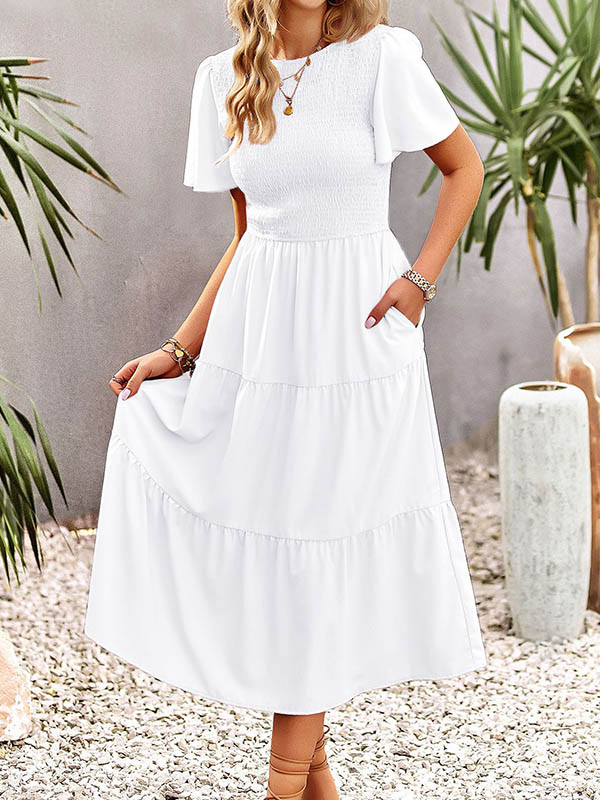 Momentlover Solid Color Elastics Short Sleeves Loose Round-neck Midi Dresses