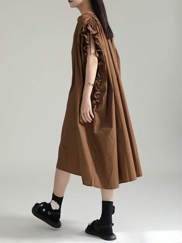 Momentlover Solid Color Pleated Drawstring Adjustable Short Sleeves Raglan Sleeve V-Neck Shirt Dress Midi Dresses