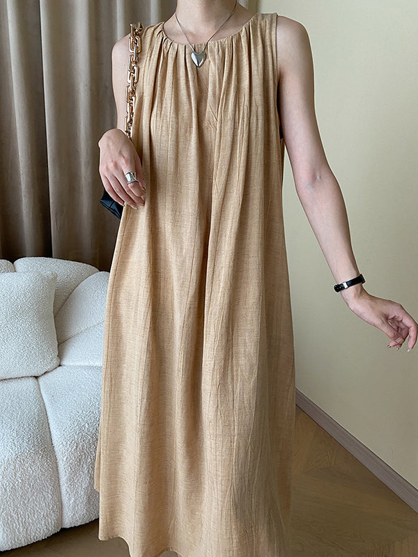 Momentlover Solid Color Pleated Sleeveless Loose Round-Neck Midi Dresses