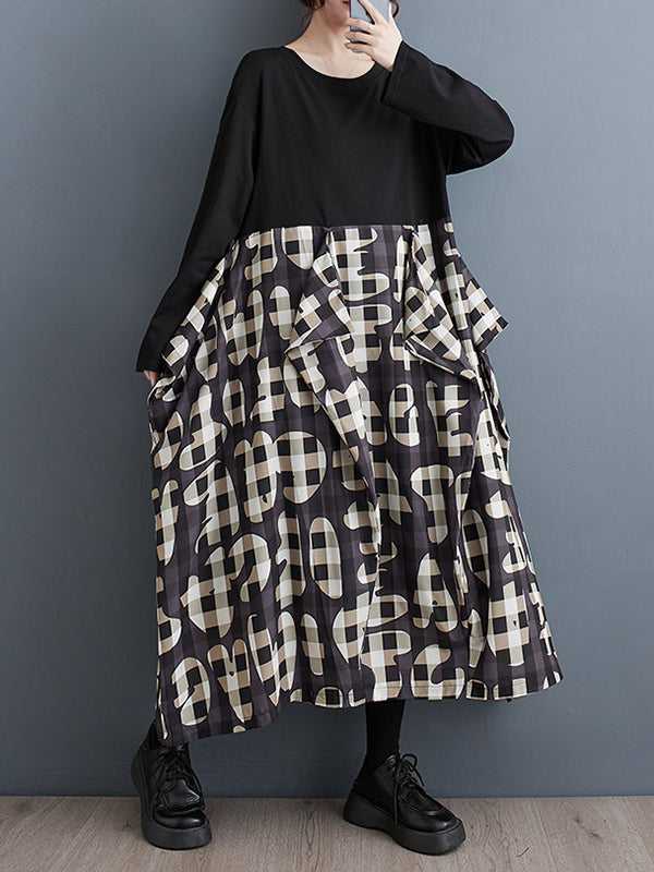 Momentlover Split-Joint Ruffled Printed Loose Long Sleeves Round-Neck Midi Dresses