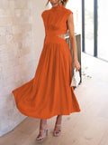Momentlover Solid Color Pleated Belly-Hollow Cap Sleeve Stand Collar Maxi Dresses