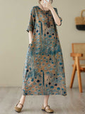 Momentlover Printed Polka-Dot Contrast Color Loose Half Sleeves Round-Neck Midi Dresses