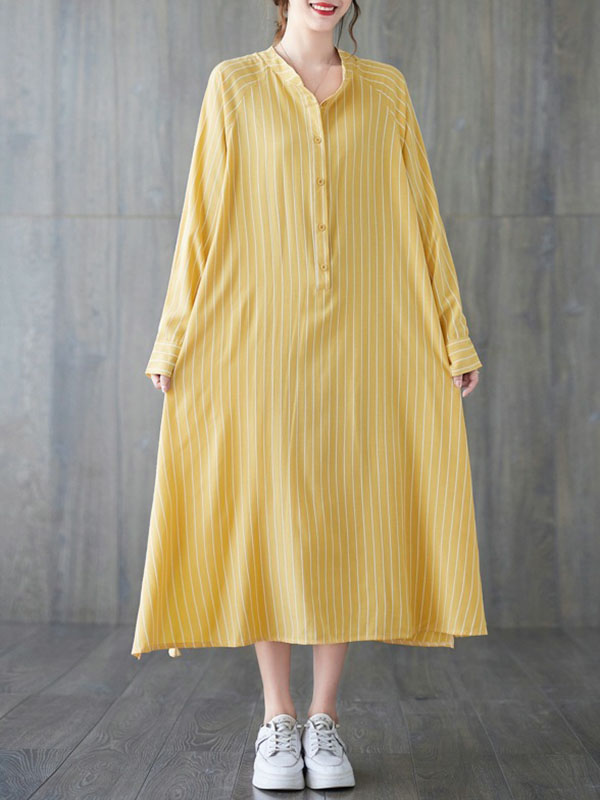 Momentlover Striped Split-Side Buttoned Loose Long Sleeves Round-Neck Shirt Dress Midi Dresses