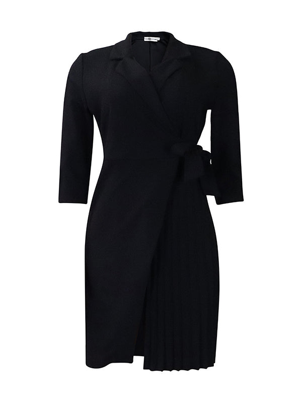 Momentlover Tied Waist Split-Front Solid Color Pleated Three-Quarter Sleeves V-Neck Mini Dresses