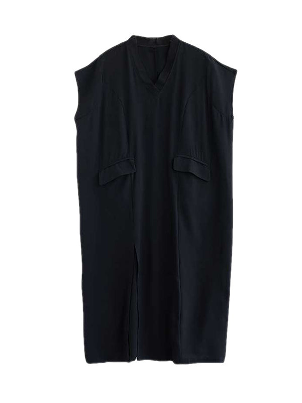 Momentlover Split-Joint Split-Front Solid Color Short Sleeves Loose V-Neck Midi Dresses