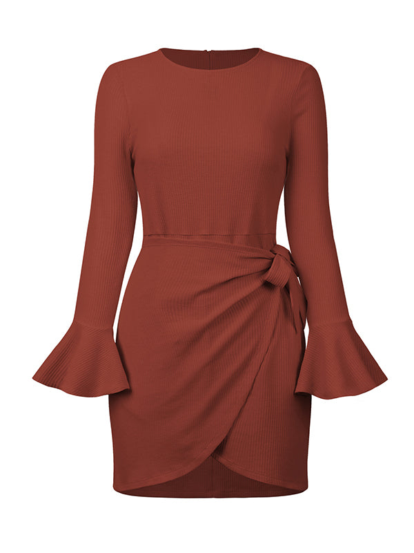 Momentlover Simple Long Sleeves Skinny Tied Falbala Solid Color Round-Neck Mini Dresses