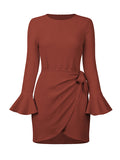 Momentlover Simple Long Sleeves Skinny Tied Falbala Solid Color Round-Neck Mini Dresses