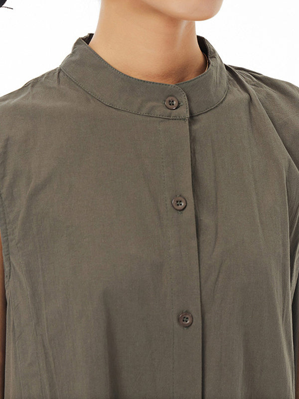 Momentlover Solid Color Pleated Sleeveless Loose Stand Collar Shirt Dress Midi Dresses