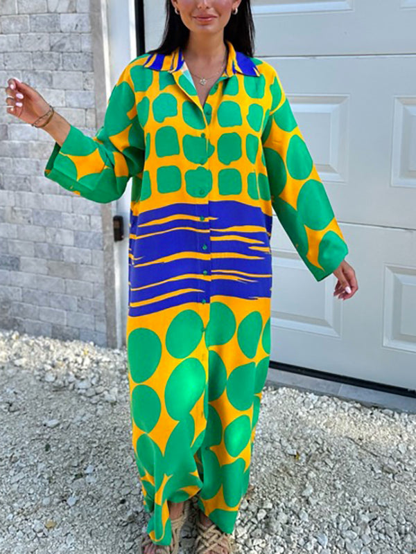 Momentlover Printed Buttoned Loose Long Sleeves Lapel Shirt Dress Maxi Dresses