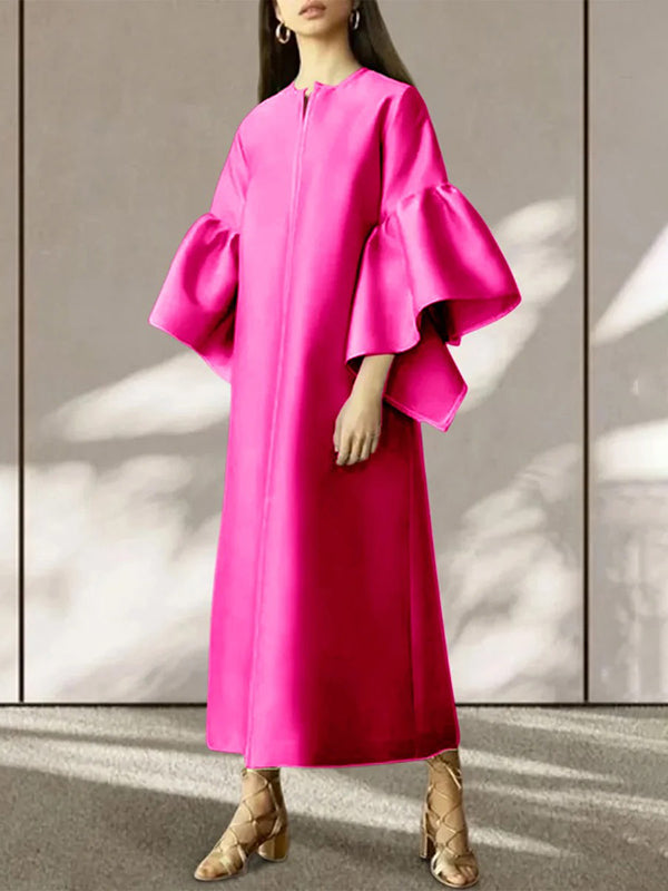 Momentlover Solid Color Falbala Wrap Flared Sleeves Round-Neck Midi Dresses