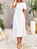 Momentlover Solid Color Elastics Short Sleeves Loose Round-neck Midi Dresses